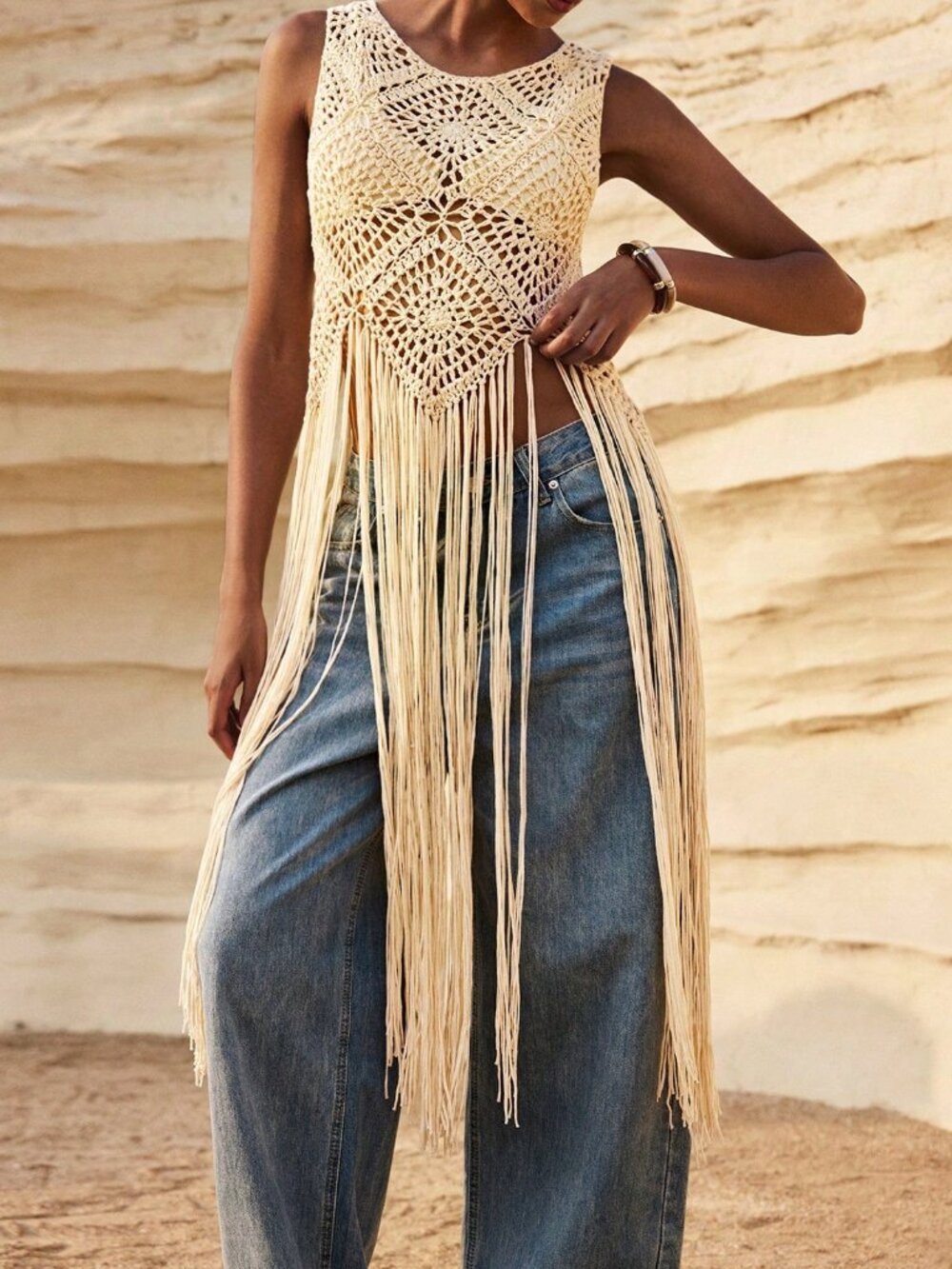Apricot Casual Women's Hollow-Out Fringed Sleeveless Knit Top - Picture 3 of 7